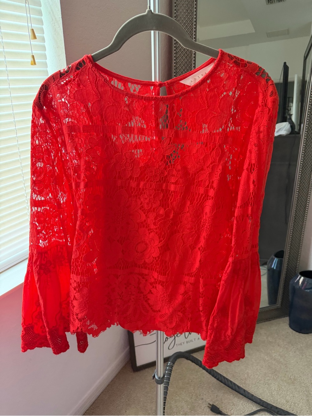Adiva Vibrant Red Lace Long-Sleeve Blouse